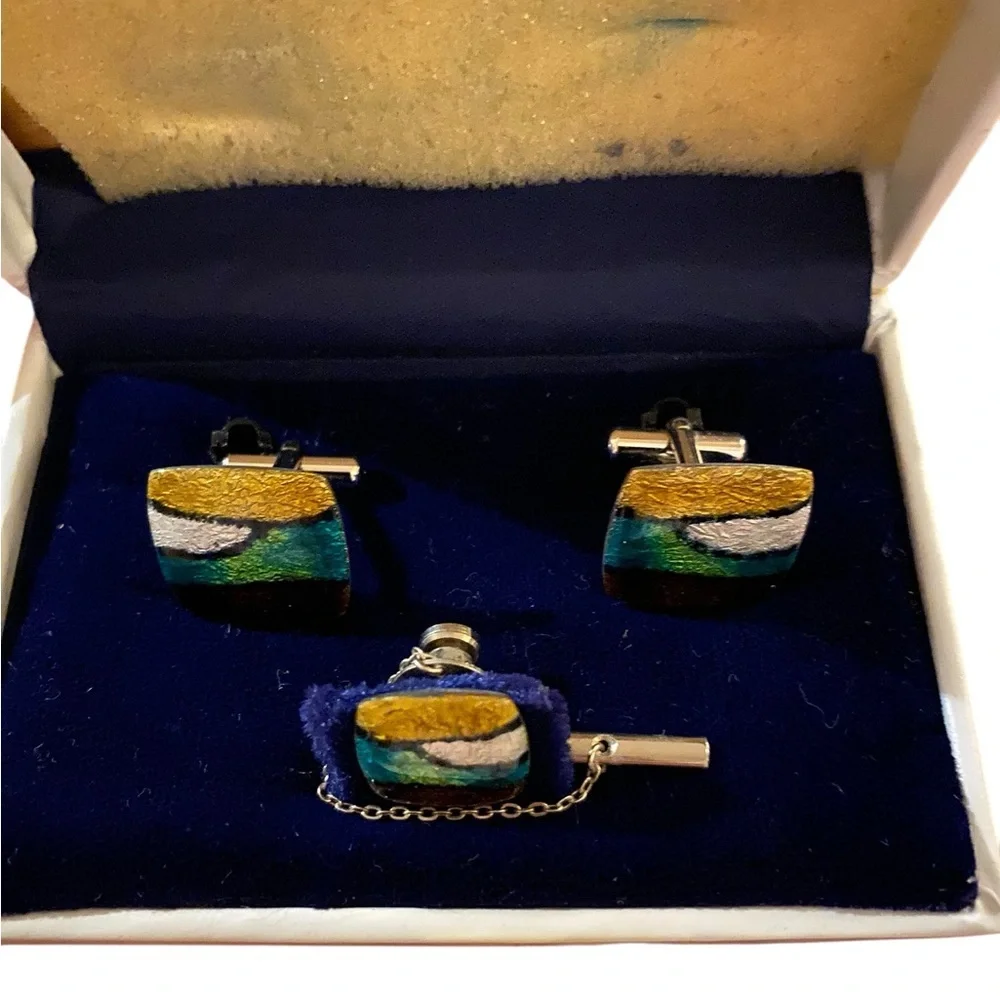 Vintage sun eagle shippo Cloisonne Wireless Enamel Men’s Cufflinks Tie Tack Set